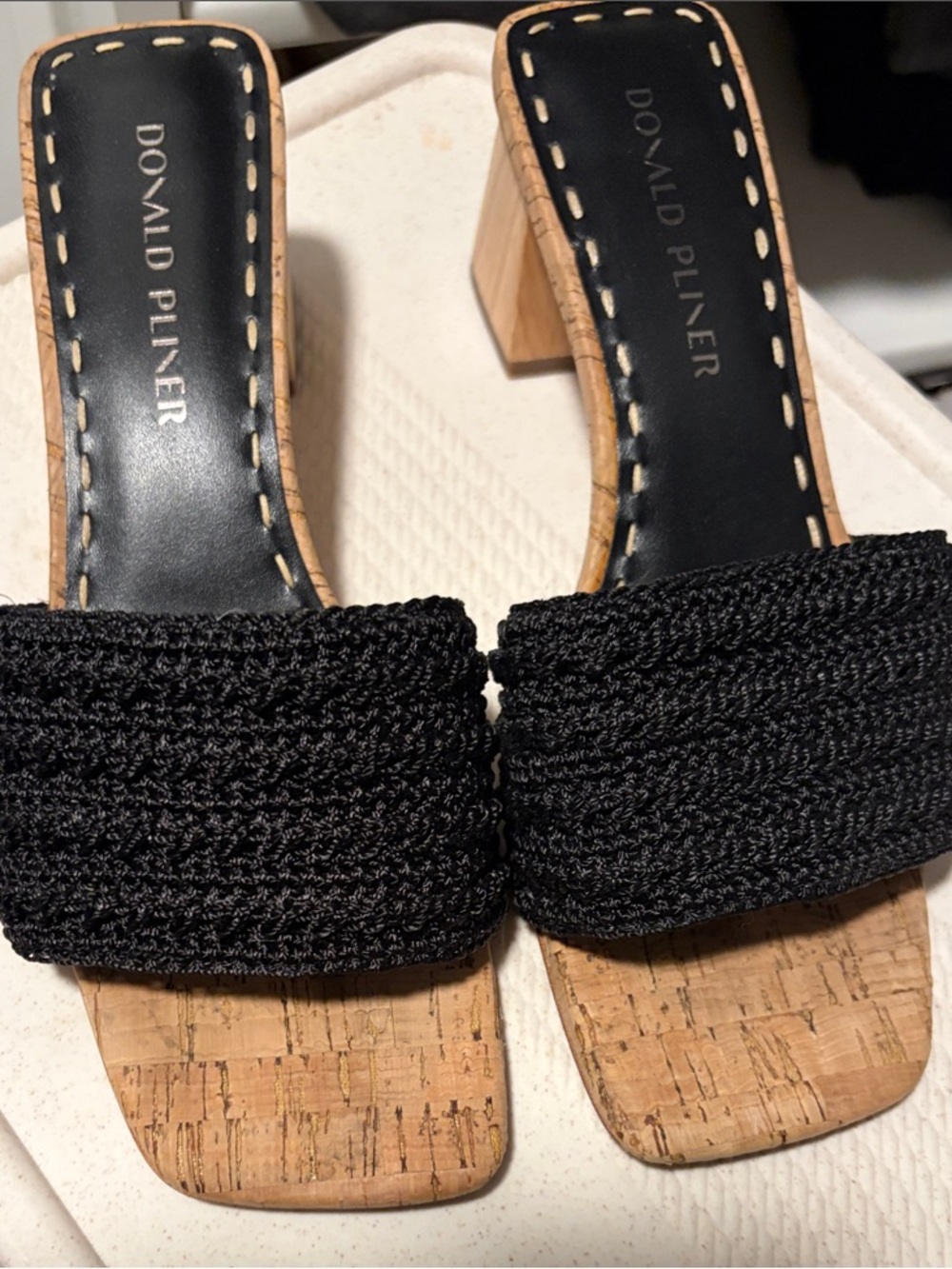 Donald J. Pliner Black Braided Strap Cork Block Heel Mules